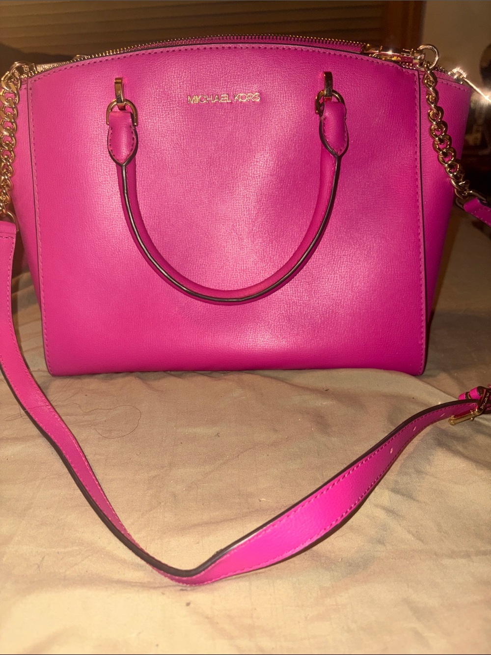 Michael Kors Hot Pink Saffiano Satchel with Gold Chain Strap